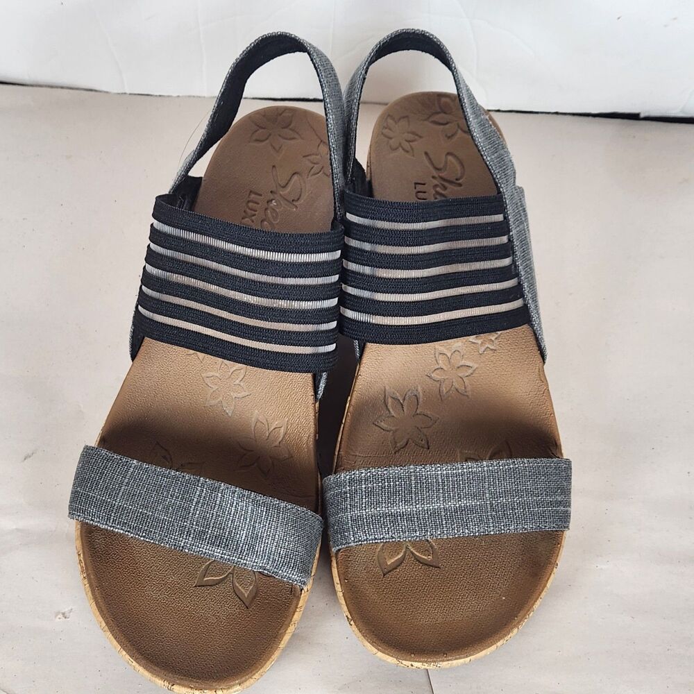 Skechers Luxe‎ Foam Beverly Smitten Taupe Cork Wedge Sandals Womens Size 7 - Picture 3 of 12